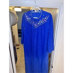 Komar Vintage navy blue robe housecoat zips embroidered sz medium cozy classic